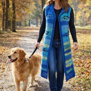 Hand Crafted Long Cardigan Cerulean Blue Green Crochet Dragonfly Vest Essential